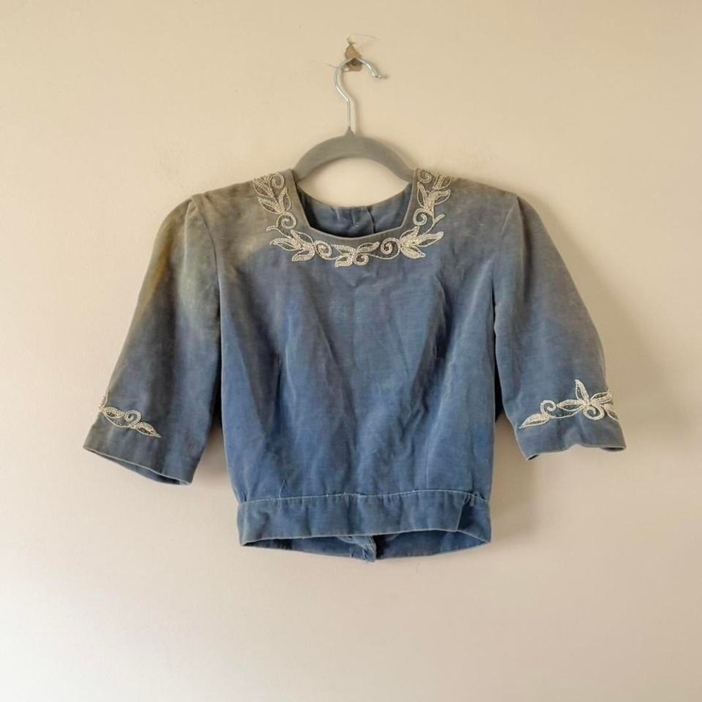Antique Velvet Blouse XS - AS IS sunfaded covered buttons embroidery blue square